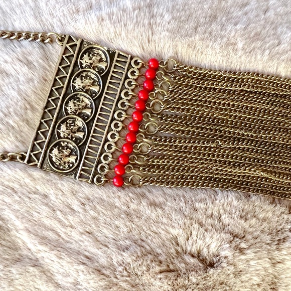 brassy gold statement necklace red detail with coin detail and chain tassels - Picture 4 of 5